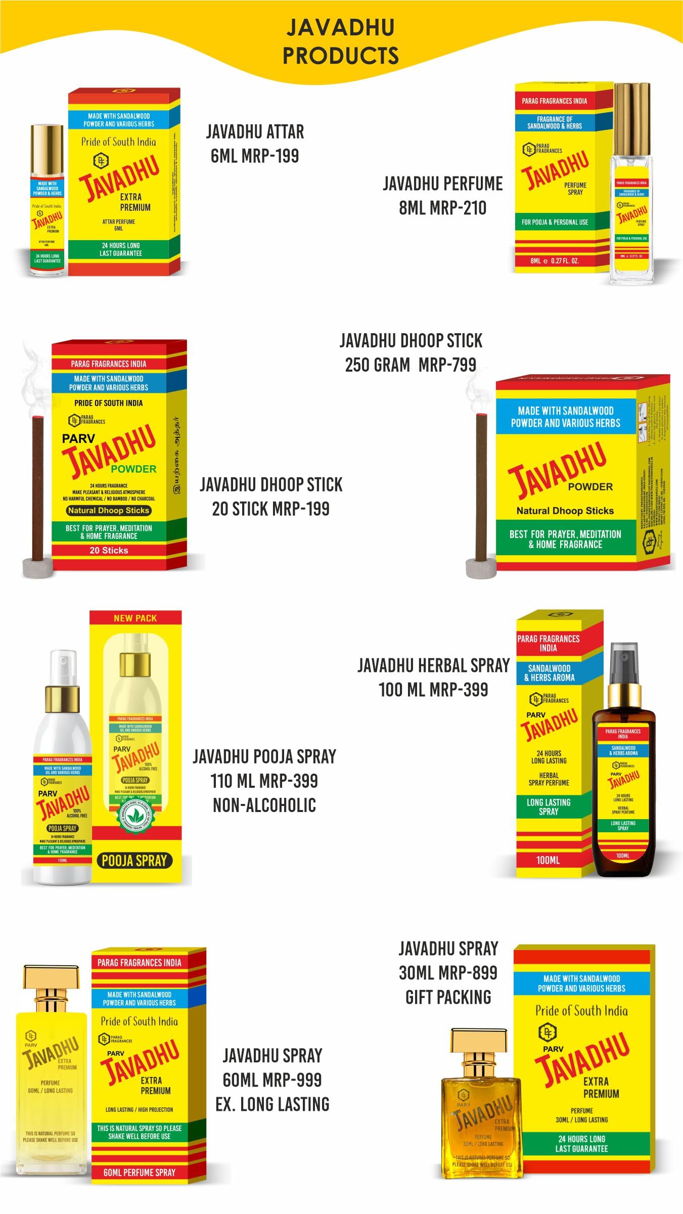 Parag Fragrances Golden Javadhu Attar, 18ml (3x6ml), Sandalwood Turmeric Blend - back view