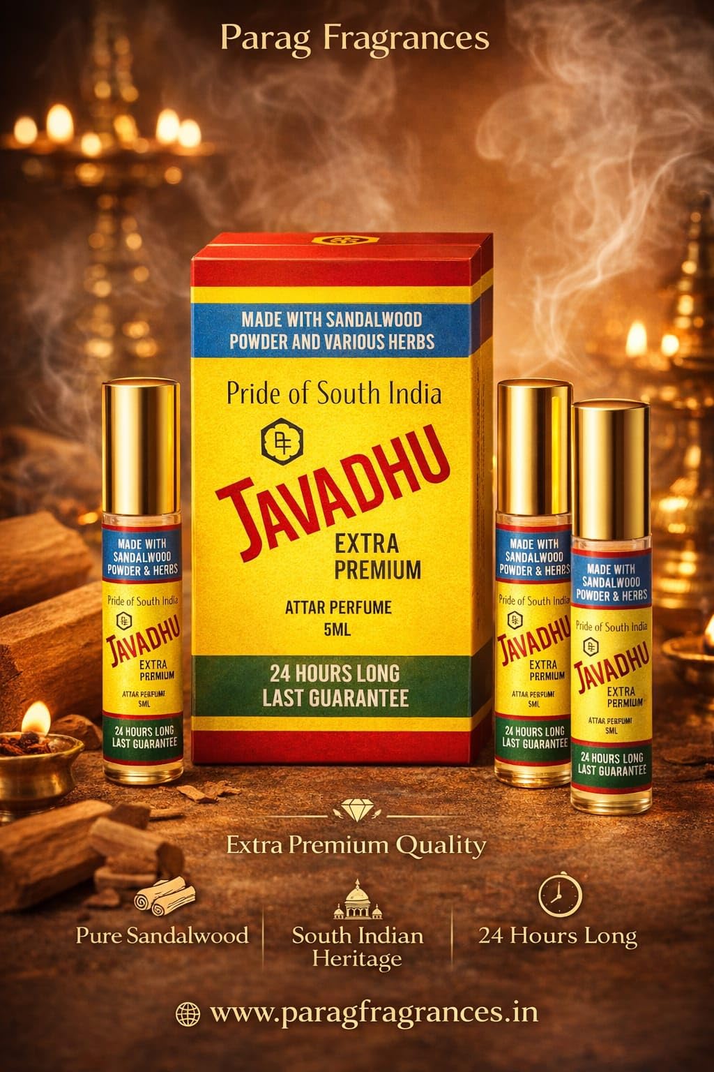 Parag Fragrances Golden Javadhu Attar, 18ml (3x6ml), Sandalwood Turmeric Blend - label detail