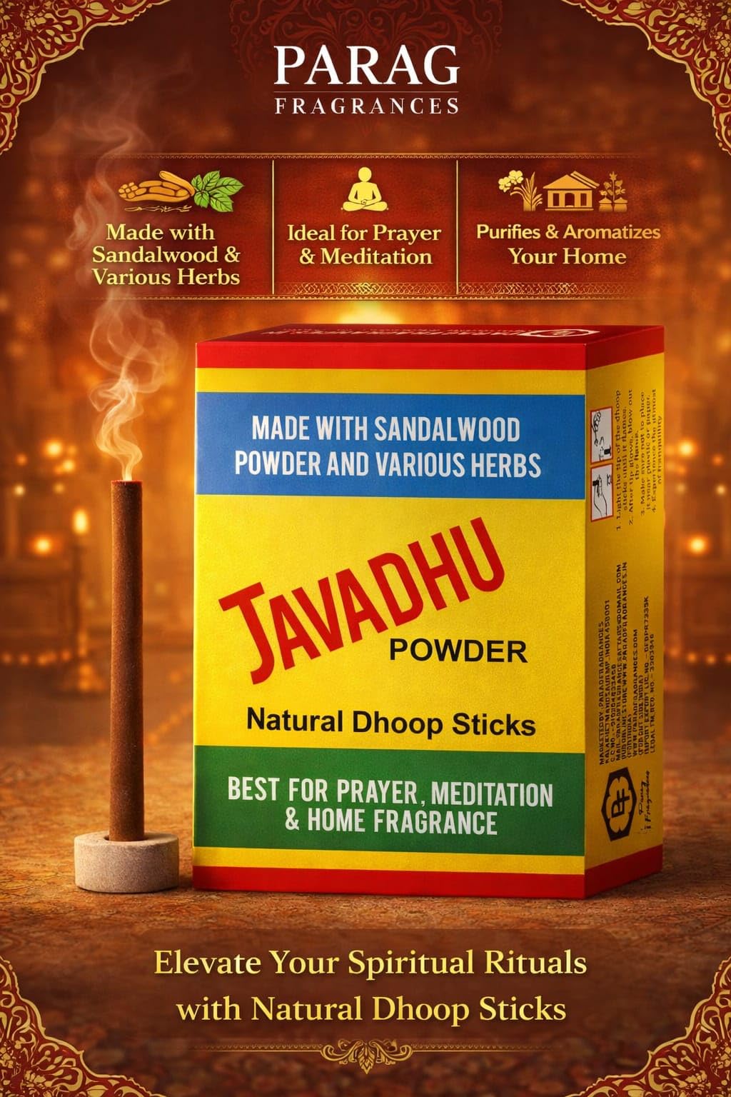 Parag Fragrances Javadhu Dhoop Sticks, 250g Pack of 20, Charcoal-Free Incense for Puja - label detail