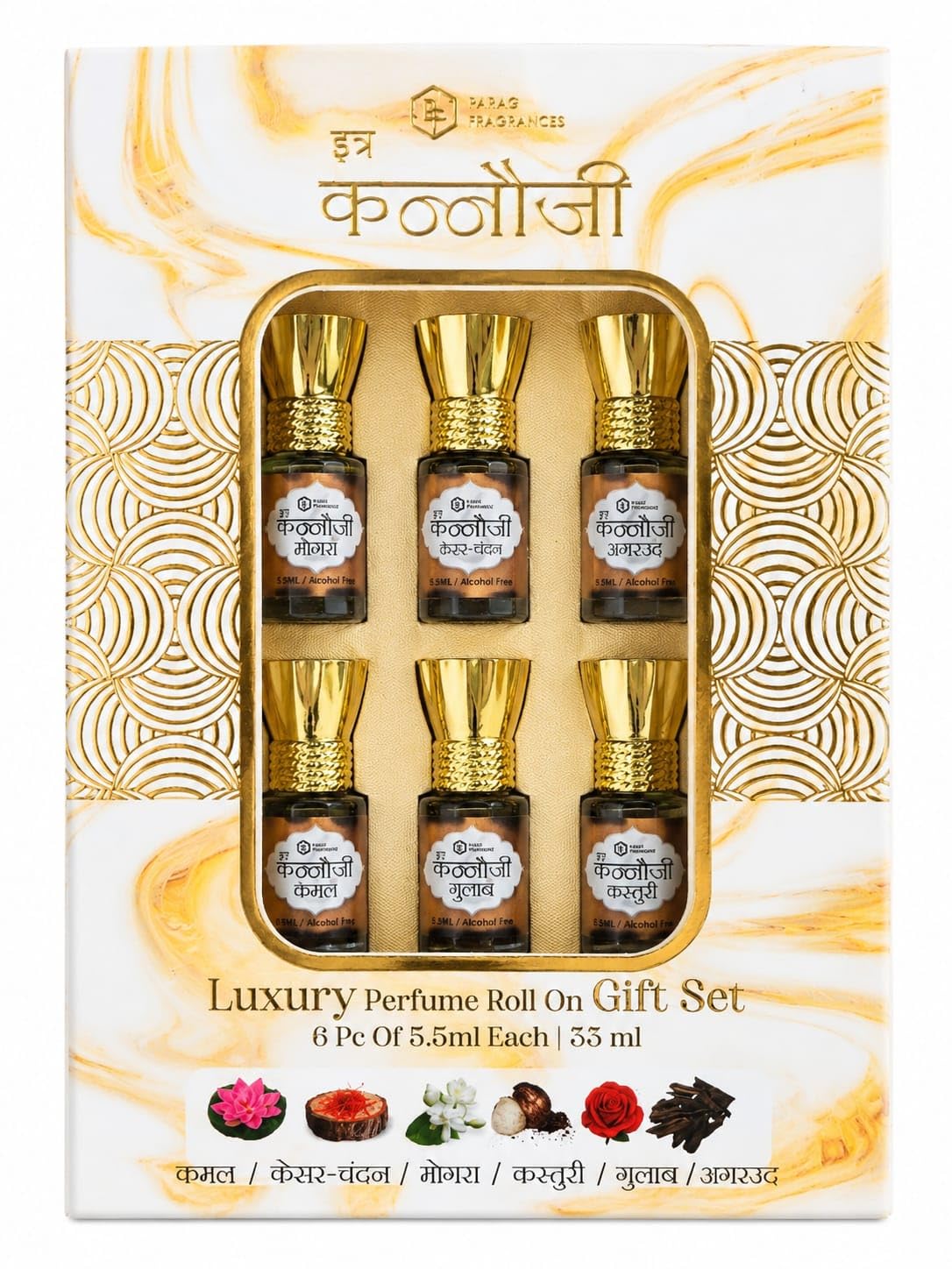 Parag Fragrances Kannauji Attar Set, 100g, Natural Liquid Fragrance, Unisex Adult, 6-in-1 Collection (10)
