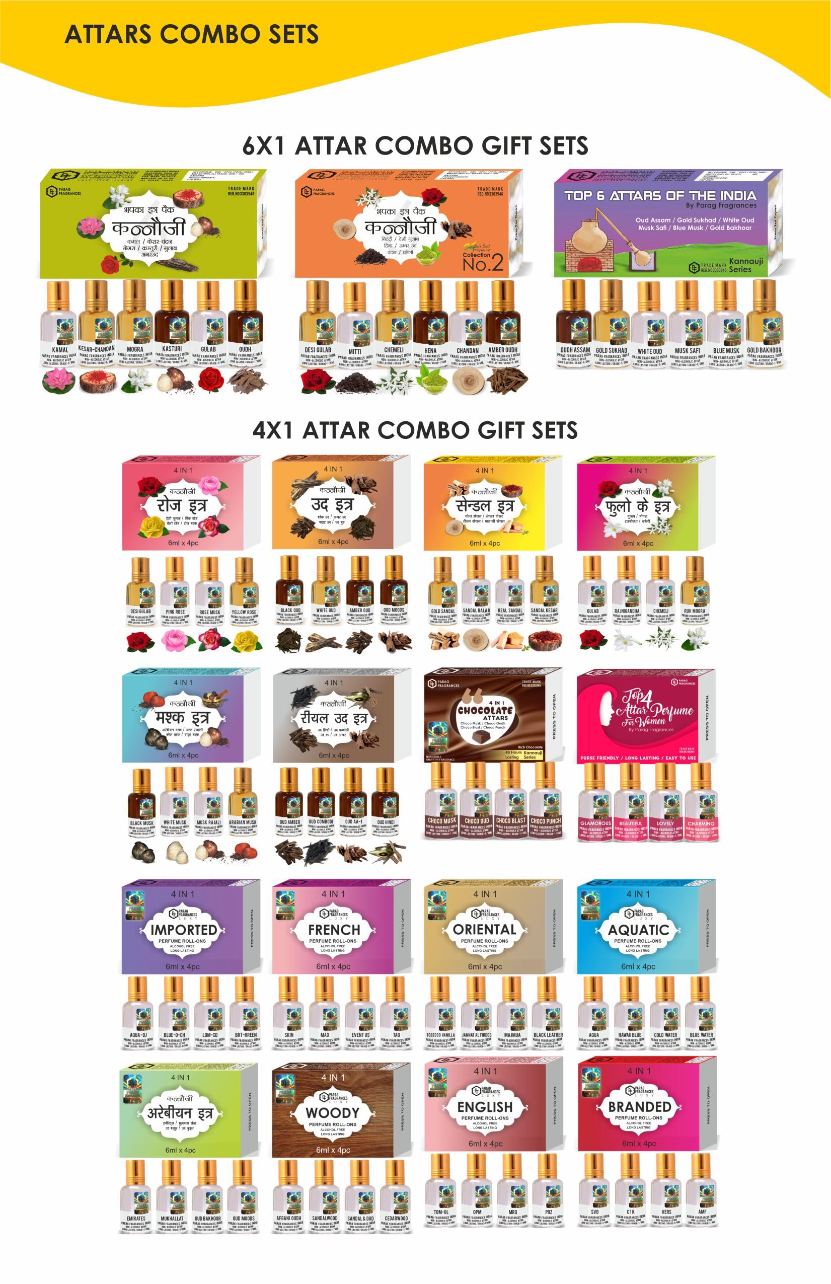 Parag Fragrances Kannauji Attar Set, 100g, Natural Liquid Fragrance, Unisex Adult, 6-in-1 Collection - front view (11)