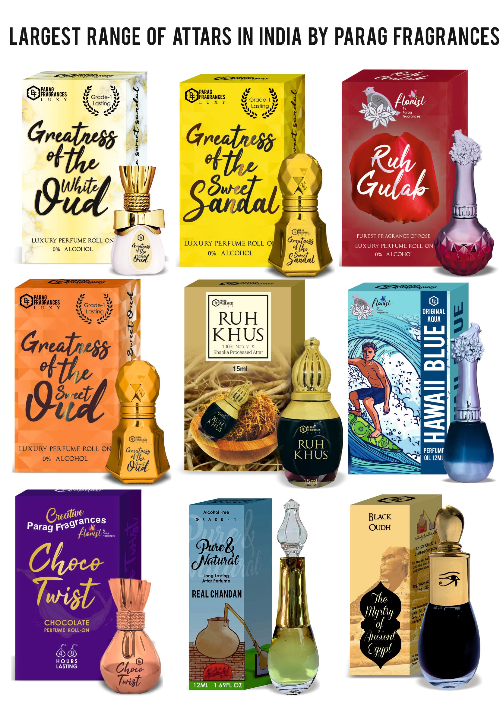 Parag Fragrances Kannauji Attar Set, 100g, Natural Liquid Fragrance, Unisex Adult, 6-in-1 Collection - front view