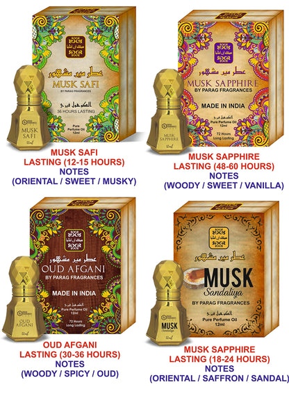 Parag Fragrances Kannauji Attar Set, 100g, Natural Liquid Fragrance, Unisex Adult, 6-in-1 Collection - label detail
