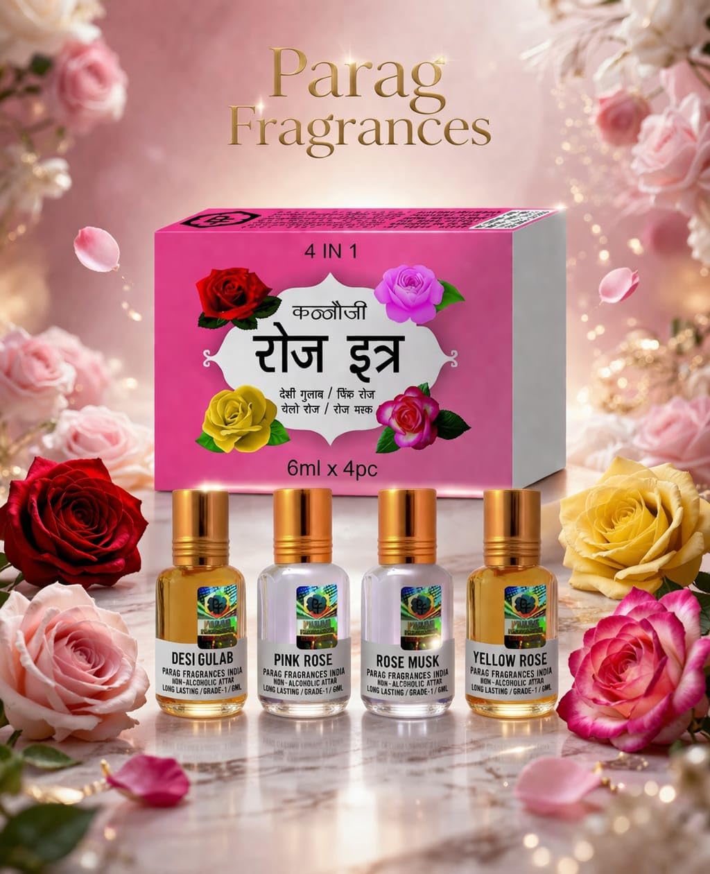 Parag Fragrances Kannauji Attar Set, 100g, Natural Liquid Fragrance, Unisex Adult, 6-in-1 Collection - in use