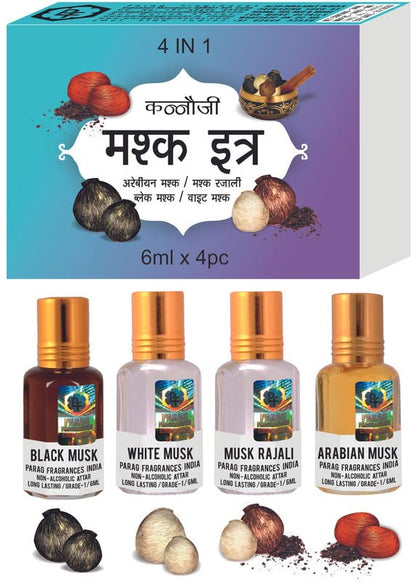 Parag Fragrances Musk Attar 4 in 1 Combo, 6ml Oil Bottles, Unisex Adult, Alcohol-Free Natural Grade 1, Modern