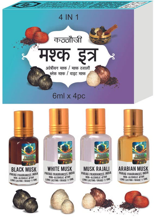 Parag Fragrances Musk Attar 4 in 1 Combo, 6ml Oil Bottles, Unisex Adult, Alcohol-Free Natural Grade 1, Modern