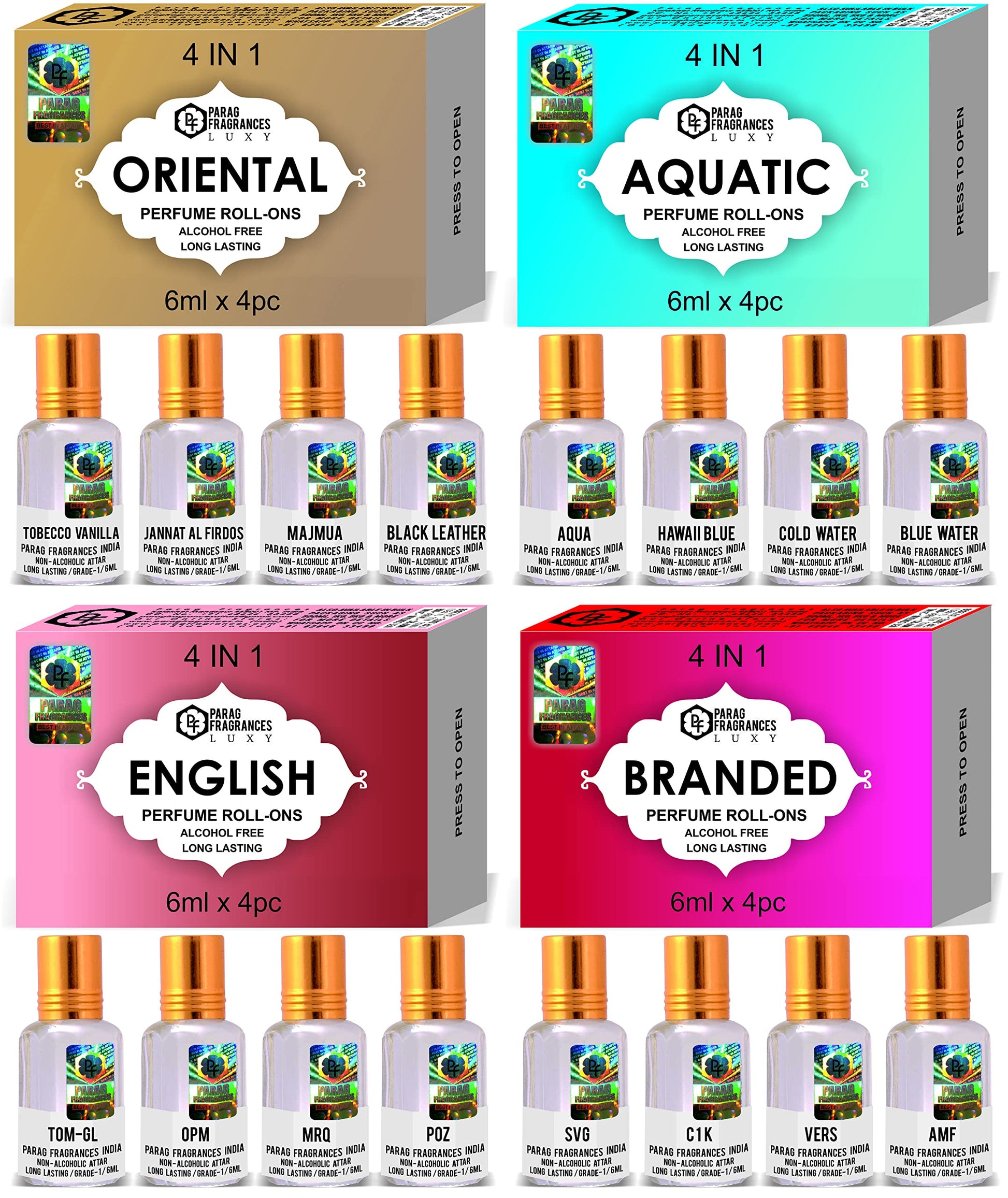 Parag Fragrances Musk Attar 4 in 1 Combo, 6ml Oil Bottles, Unisex Adult, Alcohol-Free Natural Grade 1, Modern - ingredients p
