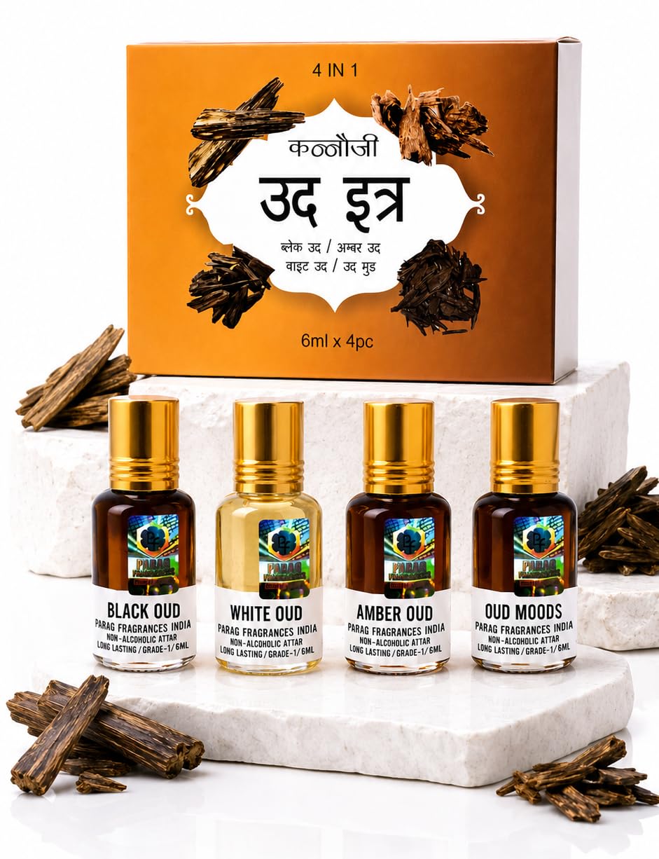 Parag Fragrances Oud 4 in 1 Attar Gift Set, 4 Bottles, 6ml Each, Alcohol-Free, Modern Style
