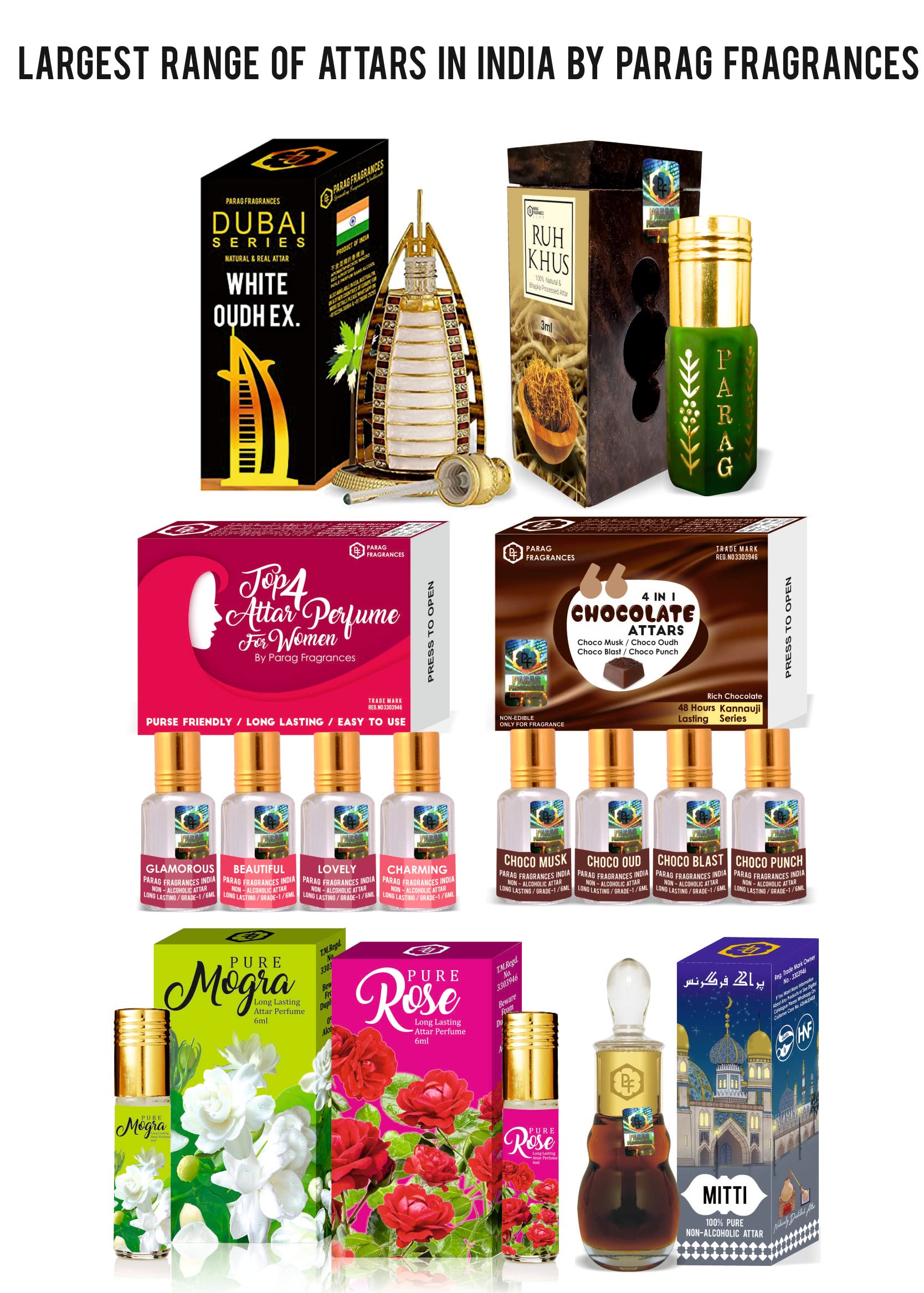 Parag Fragrances Oud 4 in 1 Attar Gift Set, 4 Bottles, 6ml Each, Alcohol-Free, Modern Style - packaging