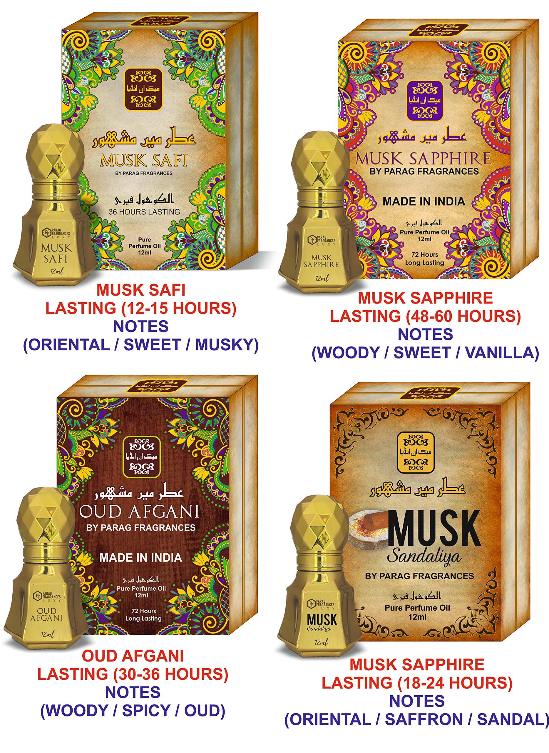 Parag Fragrances Oud 4 in 1 Attar Gift Set, 4 Bottles, 6ml Each, Alcohol-Free, Modern Style - label detail
