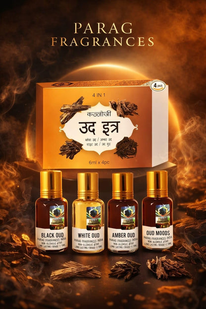 Parag Fragrances Oud 4 in 1 Attar Gift Set, 4 Bottles, 6ml Each, Alcohol-Free, Modern Style - in use