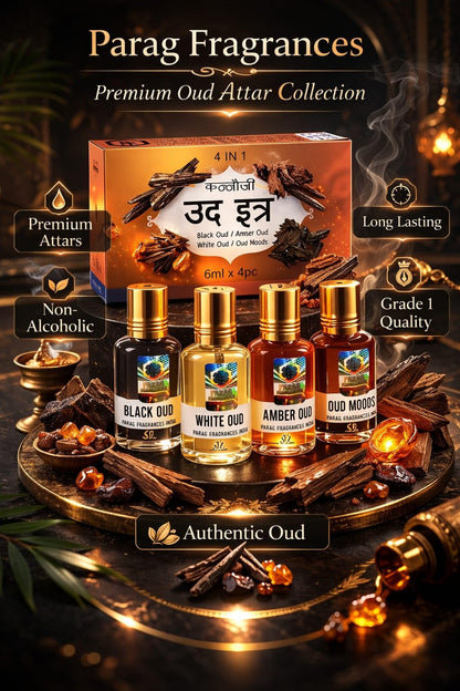 Parag Fragrances Oud 4 in 1 Attar Gift Set, 4 Bottles, 6ml Each, Alcohol-Free, Modern Style - size and scale