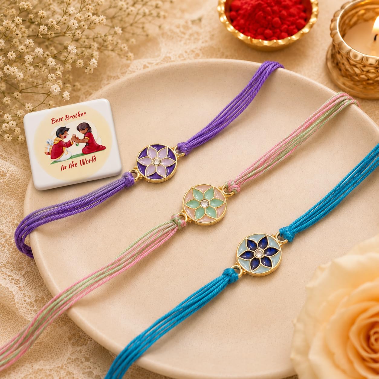 Parag Rakhi Peacock Designer Rakhi Set with MDF Stand, Roli Chawal, Unisex