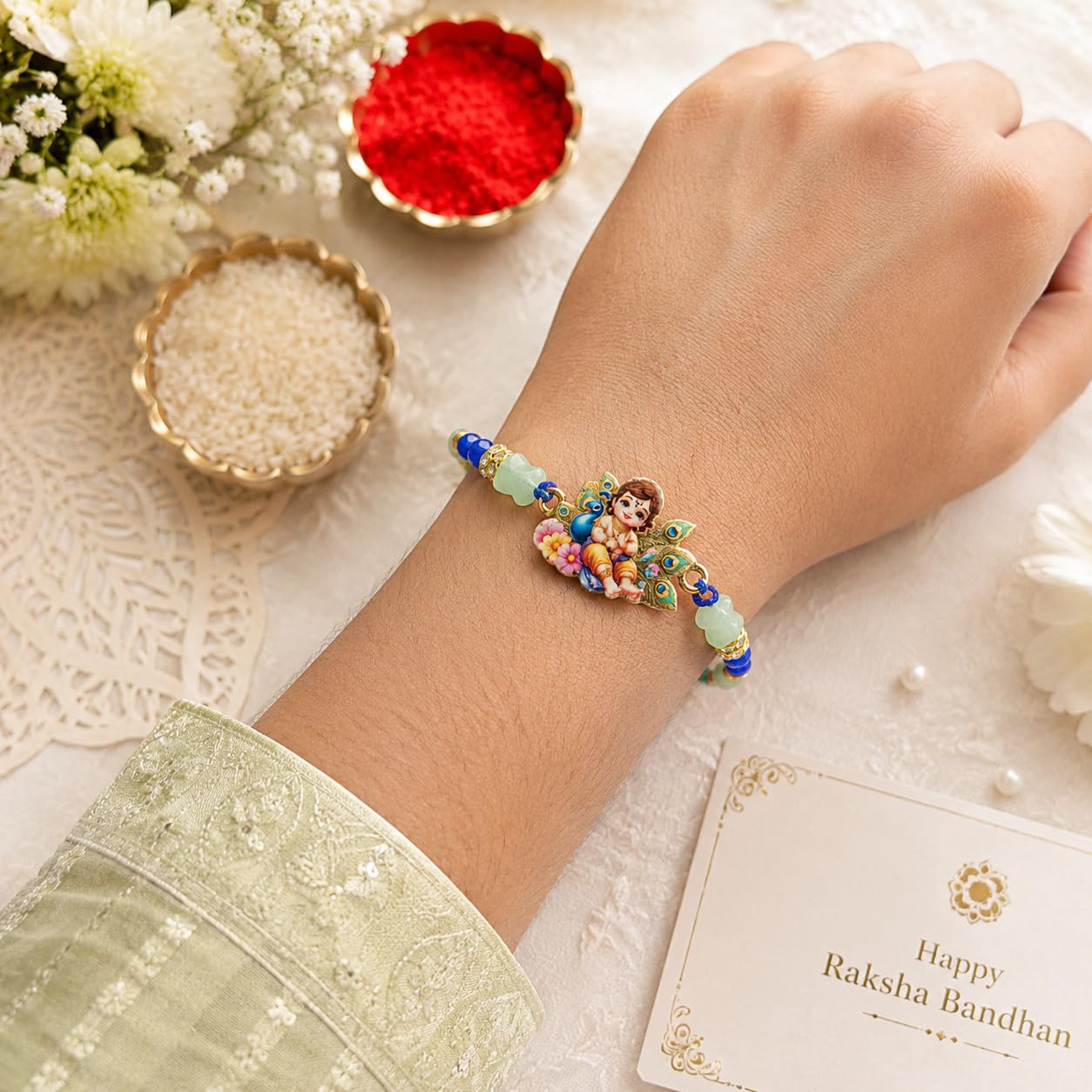 Parag Rakhi Rakhi Beads with Roli & Chawal Rak-hi Bracelets for Girls, Boys and Couples with Roli & Chawal Ra-khi | Ra-khi fo