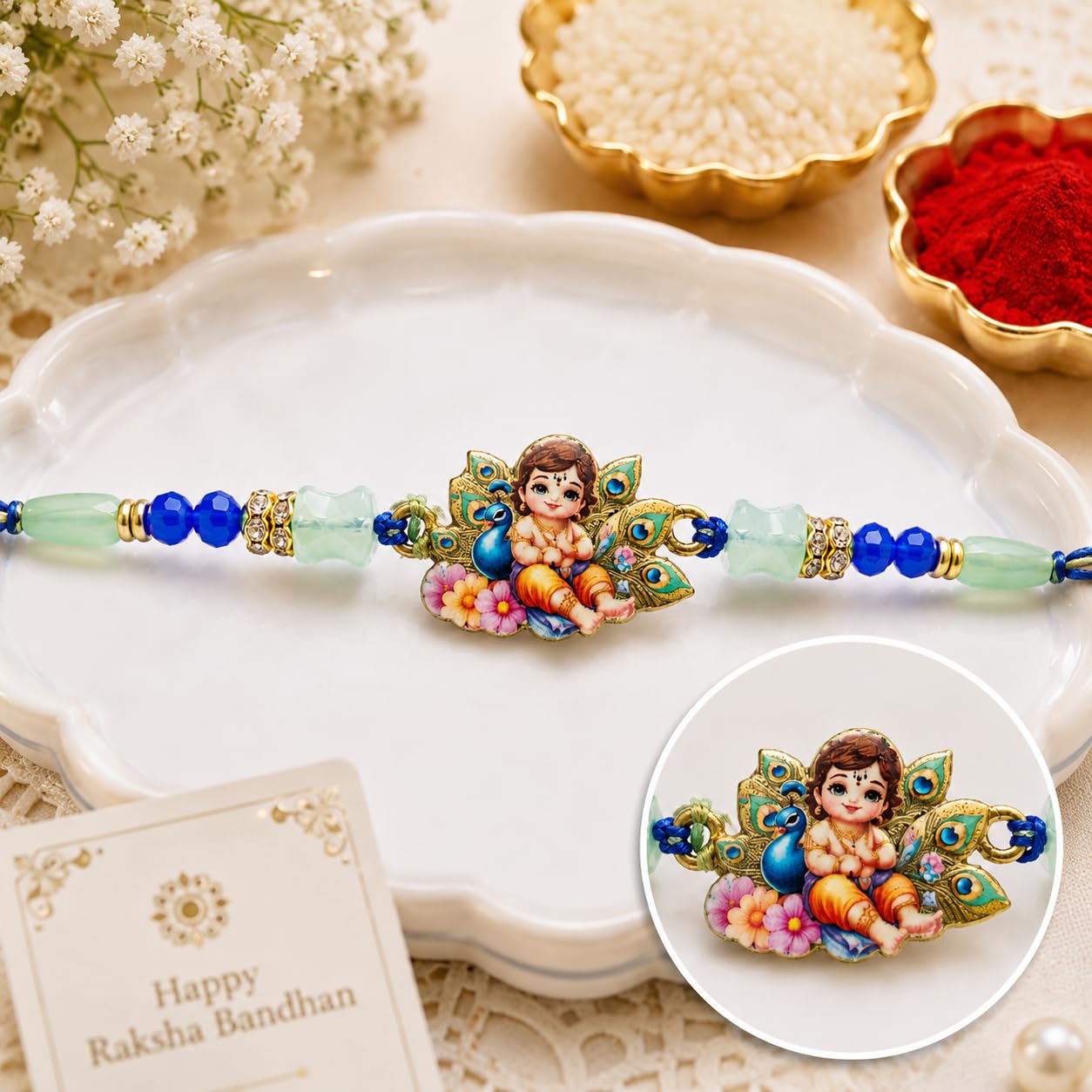 Parag Rakhi Rakhi Beads with Roli & Chawal Rak-hi Bracelets for Girls, Boys and Couples with Roli & Chawal Ra-khi | Ra-khi fo