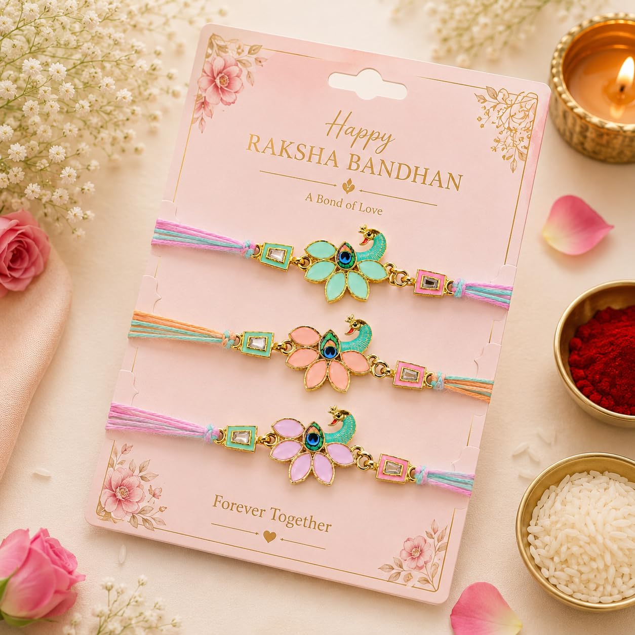 Parag Rakhi Rakhi Combo Beads with Roli & Chawal Rakhi Bracelets for Girls, Boys and Couples, Set of, with Roli & Chawal (3 N