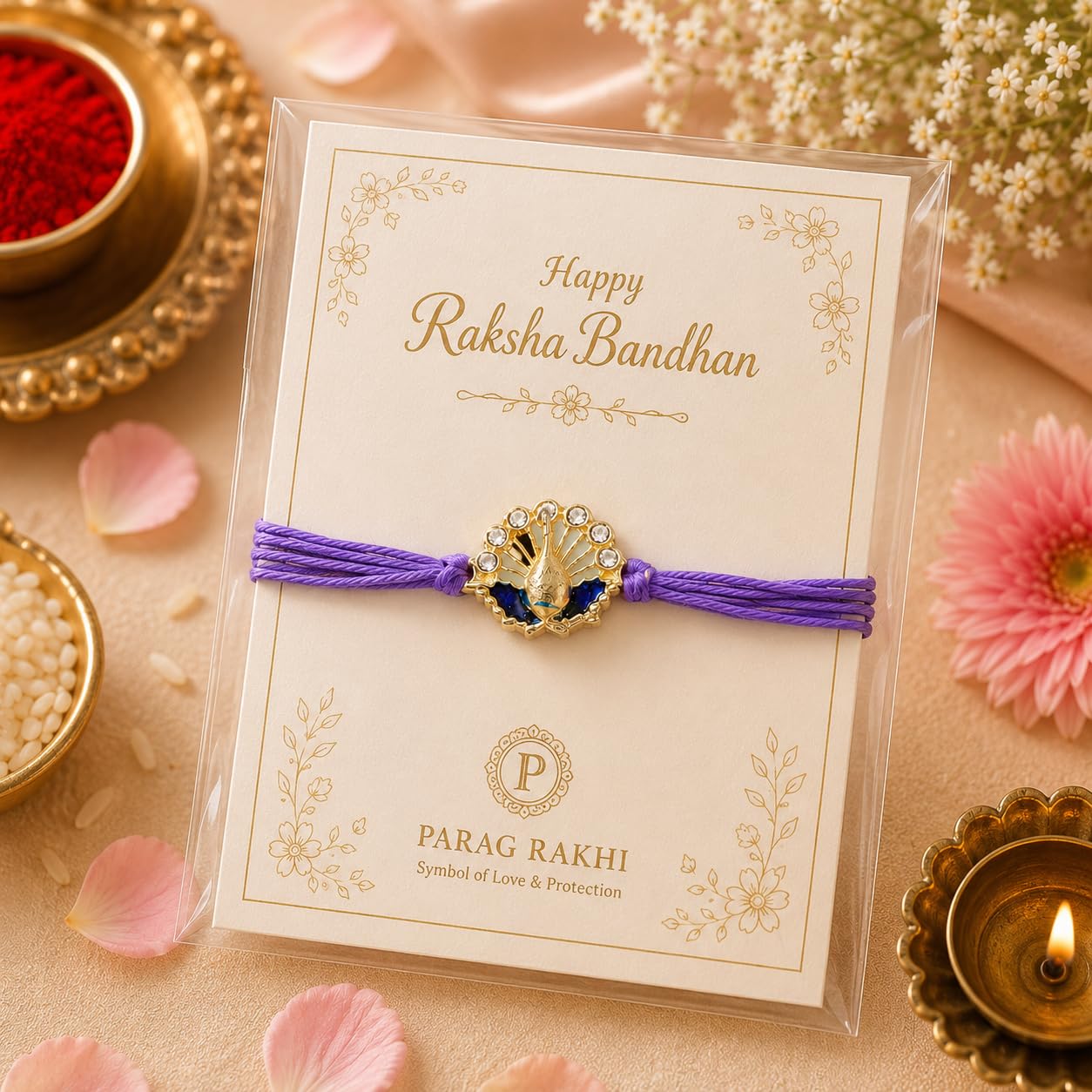 Parag Rakhi Raksha Bandhan Gift Combo for Brother, Rakhi with Fridge Magnet, Roli Chawal and Card - back view (8)
