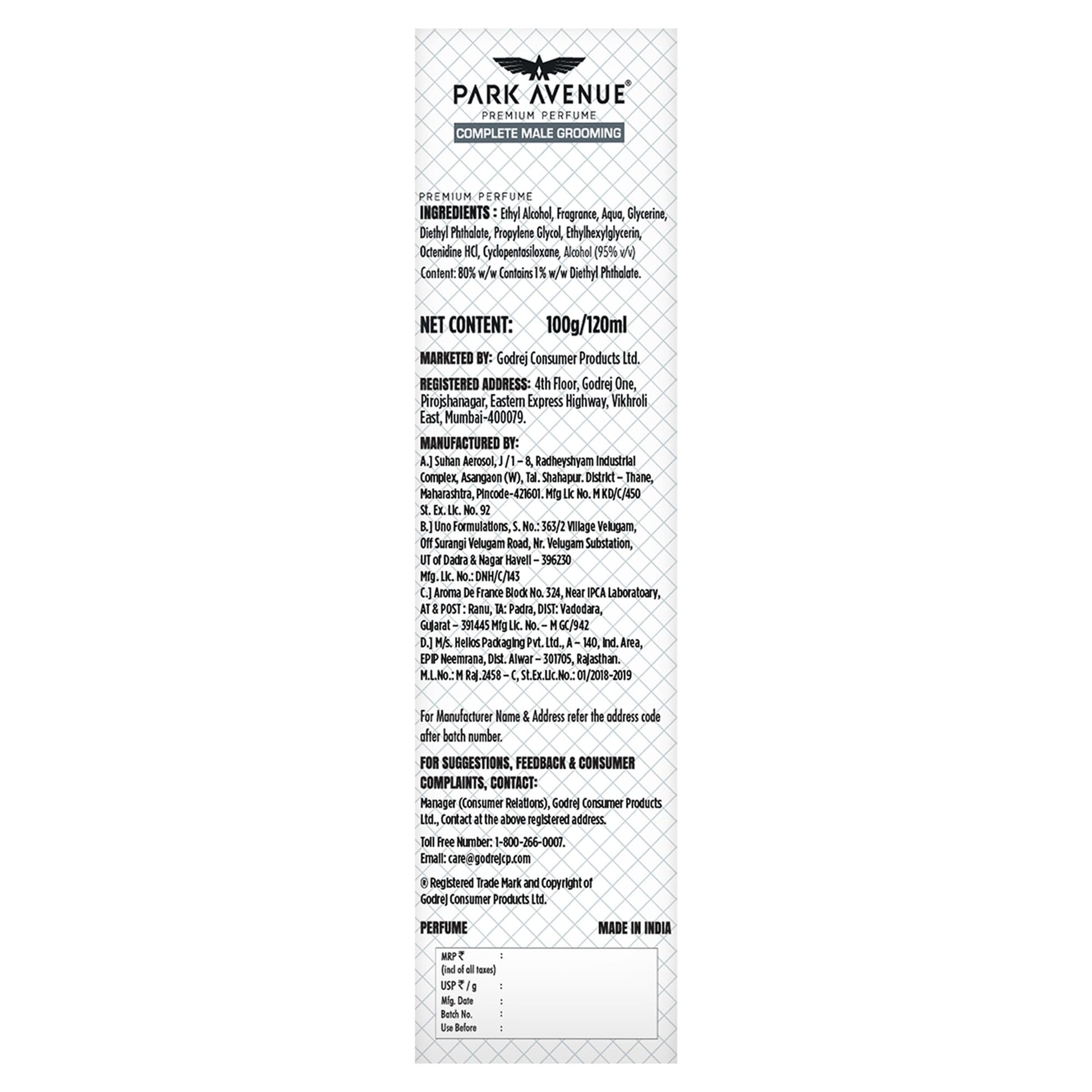 Park Avenue Voyage Signature Collection Amazon Woods Perfume for Men, 120ml Spray - ingredients panel