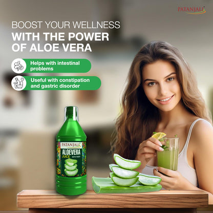 Patanjali Aloe Vera Juice with Fiber, 1L, Herbal Supplement Drink - front view