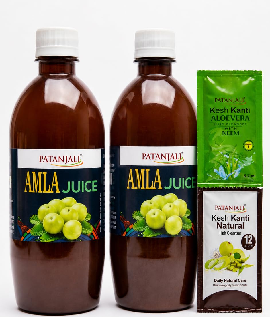 Patanjali Amla Juice 500ml (Pack of 2) with Free Shampoo Sachets, Traditional Ayurvedic Beverage