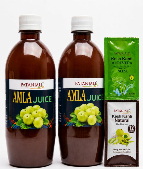 Patanjali Amla Juice 500ml (Pack of 2) with Free Shampoo Sachets, Traditional Ayurvedic Beverage