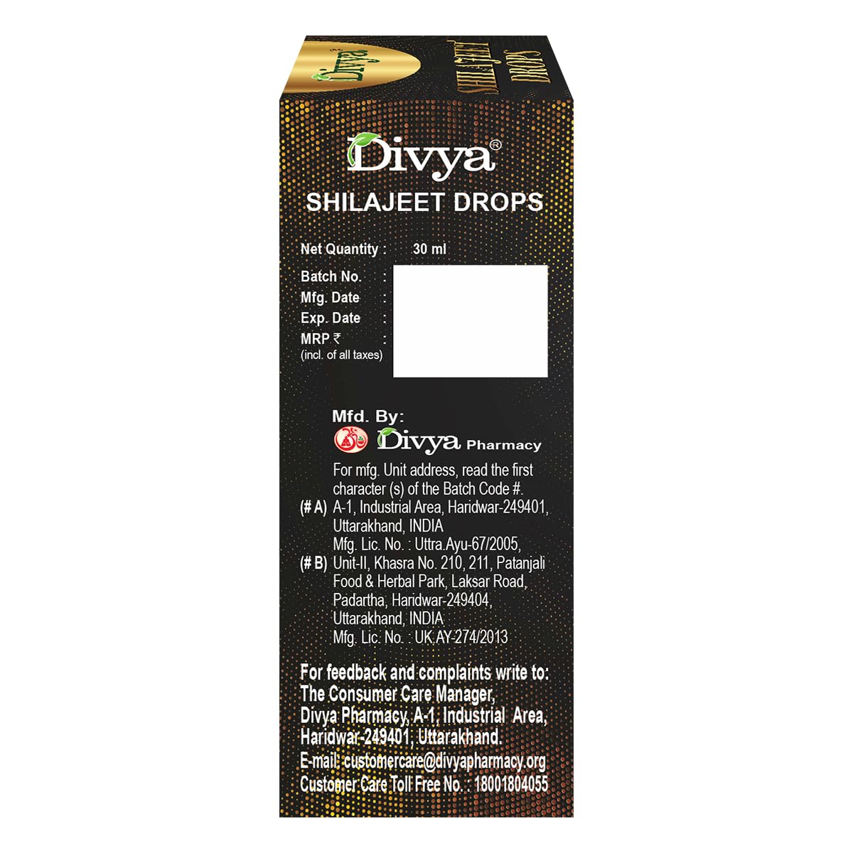 Patanjali Divya Shilajeet Drops, 30 ml, Ayurvedic Herbal Supplement with Shilajit Resin - back view