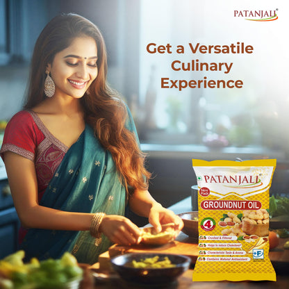 Patanjali Groundnut Oil, Kacchi Ghani, Cold Pressed, Unrefined, Virgin, 750g Pouch - front view