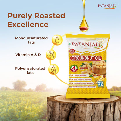 Patanjali Groundnut Oil, Kacchi Ghani, Cold Pressed, Unrefined, Virgin, 750g Pouch - packaging
