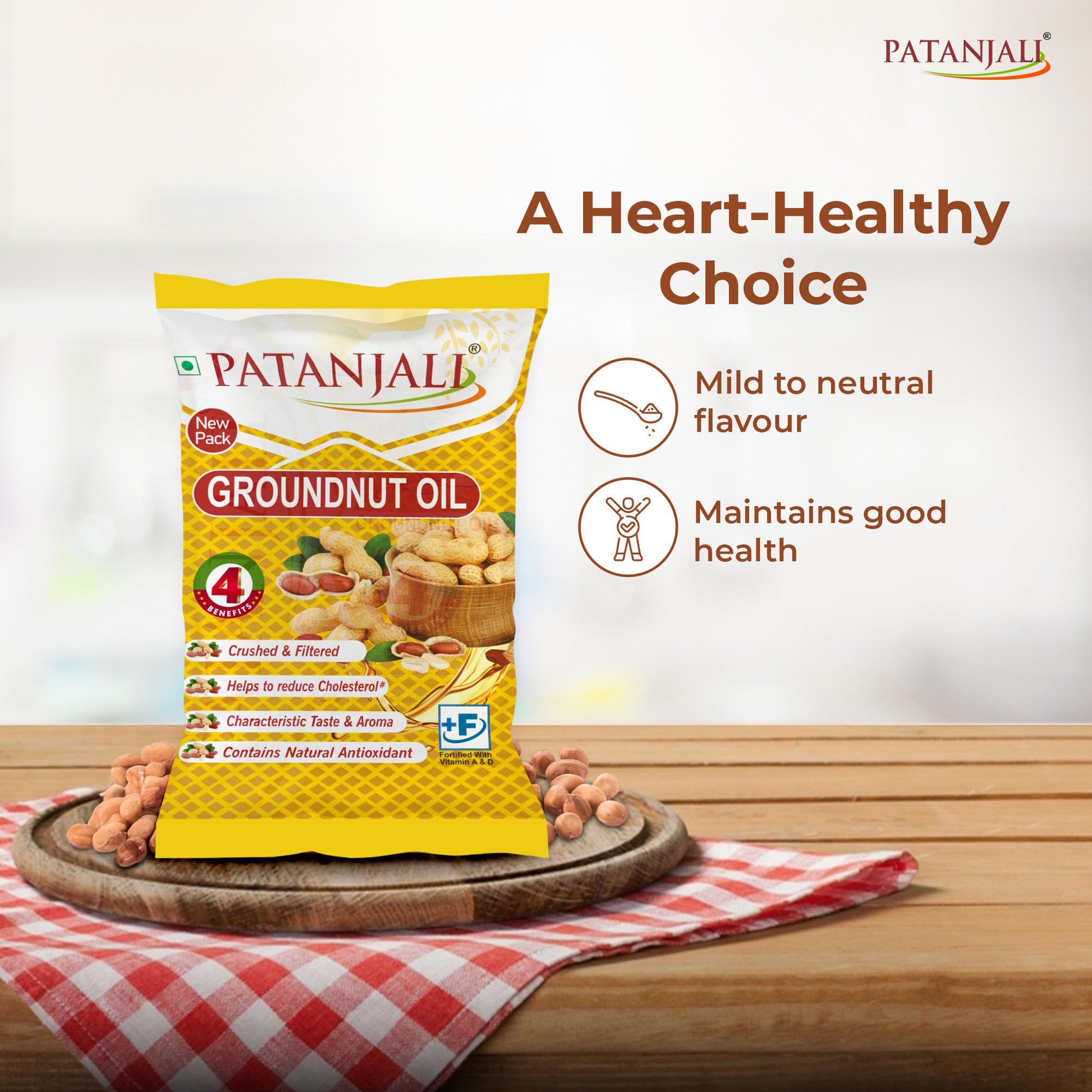 Patanjali Groundnut Oil, Kacchi Ghani, Cold Pressed, Unrefined, Virgin, 750g Pouch - label detail