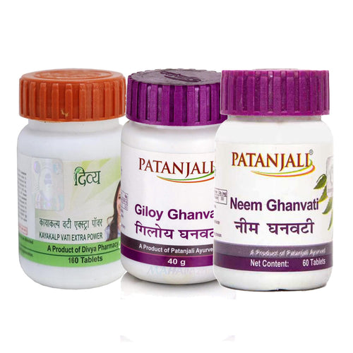 Patanjali Herbal Supplement Combo Pack, 3 Count - Kayakalp Vati Extra Power, Giloy Ghan Vati, Neem Ghan Vati