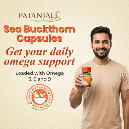 Patanjali Sea Buckthorn Capsules, 30 Capsules, Herbal Supplement with Omega-3, 6, 7, 9 and Vitamin C - front view