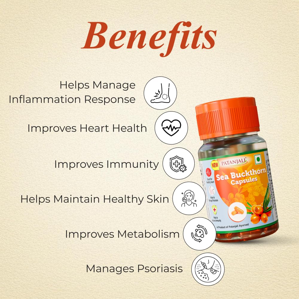 Patanjali Sea Buckthorn Capsules, 30 Capsules, Herbal Supplement with Omega-3, 6, 7, 9 and Vitamin C - back view