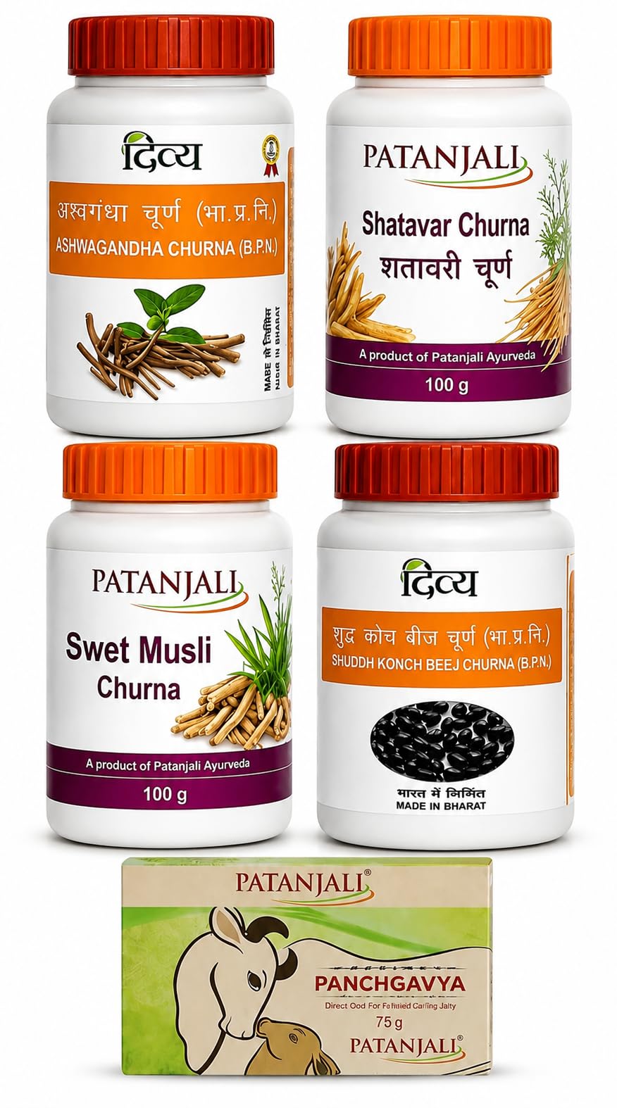 Patanjali Shatavar, Ashvagandha, Safed Musli, Konch Beej Herbal Powder - Pack of 4 (100g Each), Ayurvedic Supplement