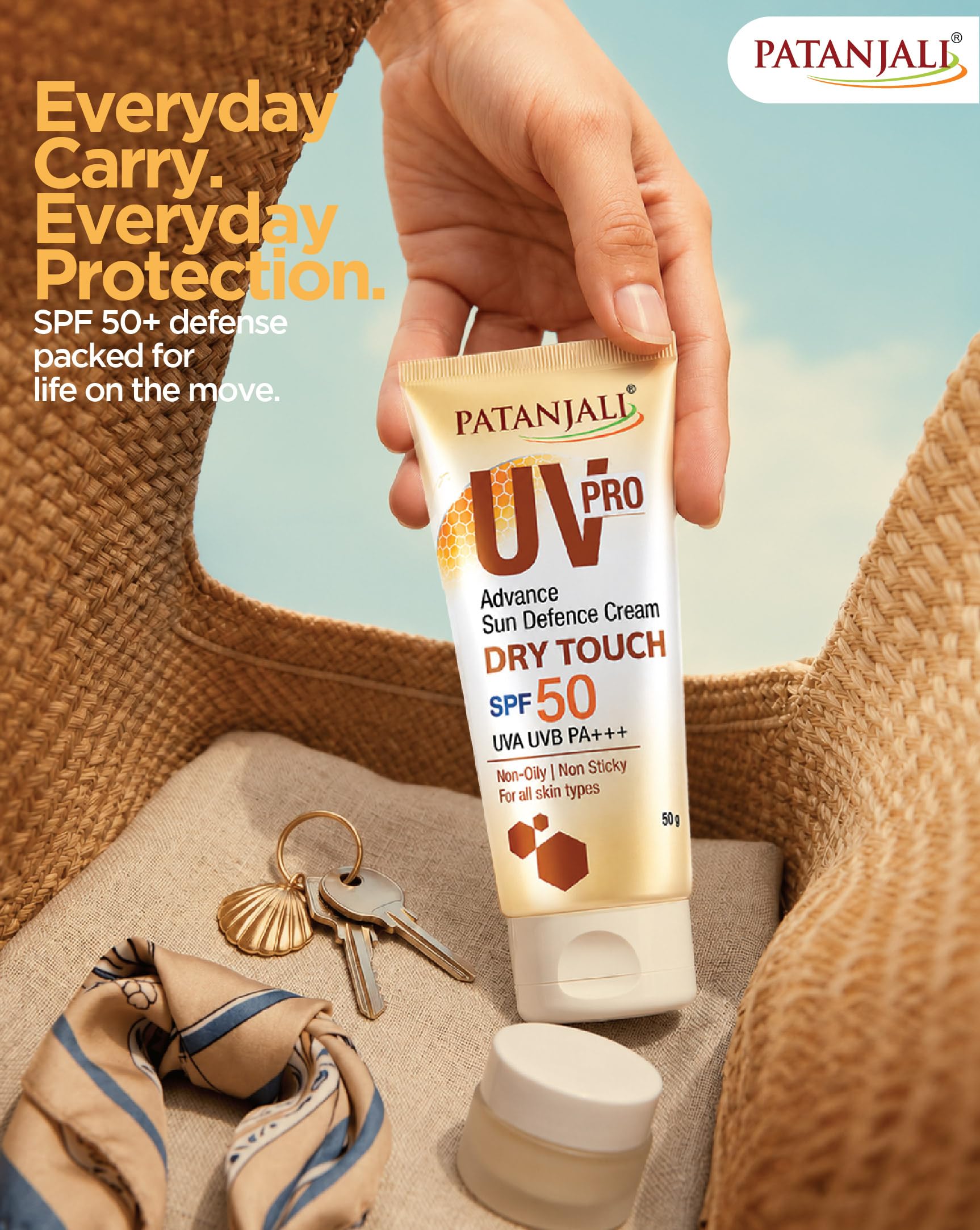 Patanjali UV Pro Advance Sun Defence Cream SPF 50 PA+++, 50g, Non-Oily Sunscreen for All Skin Types - packaging