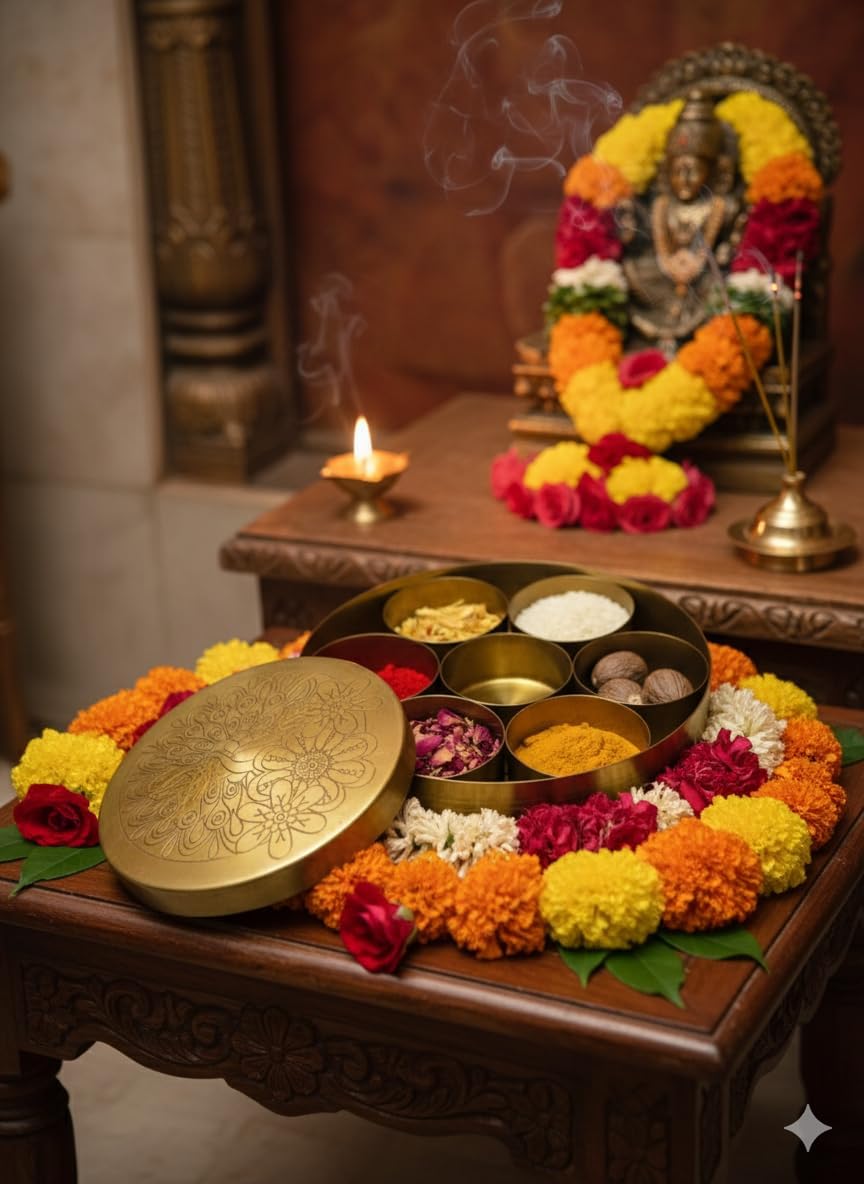 Patitpavan Brass Pooja Box with 7 Compartments, Traditional Storage Box for Puja Items - front view