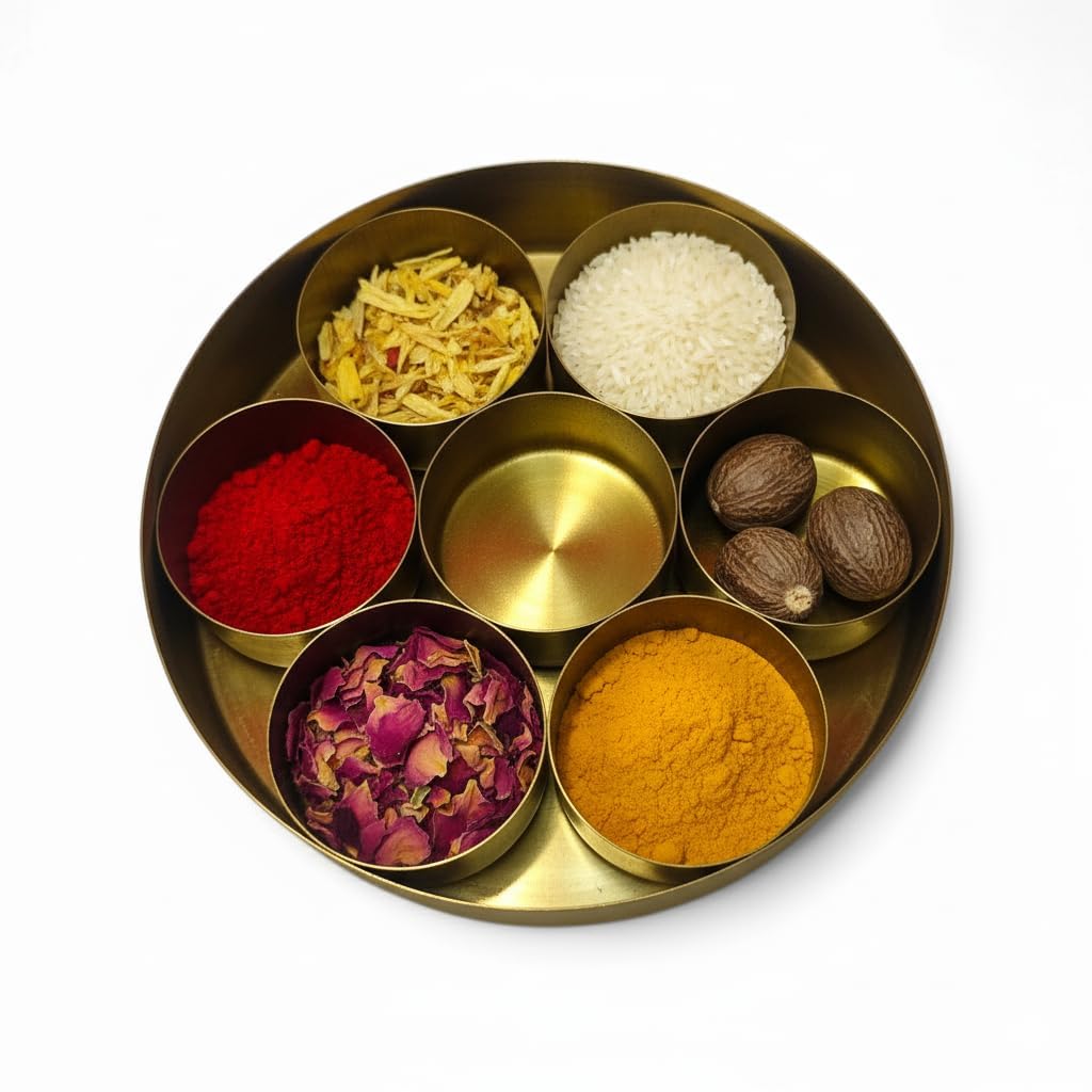 Patitpavan Brass Pooja Box with 7 Compartments, Traditional Storage Box for Puja Items - ingredients panel