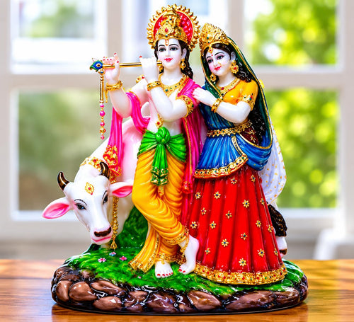 Patitpavan Radha Krishna Kamdhenu Cow Murti - 12 Inch Cultured Marble Statue for Home Temple Office Decor Idol Figurine