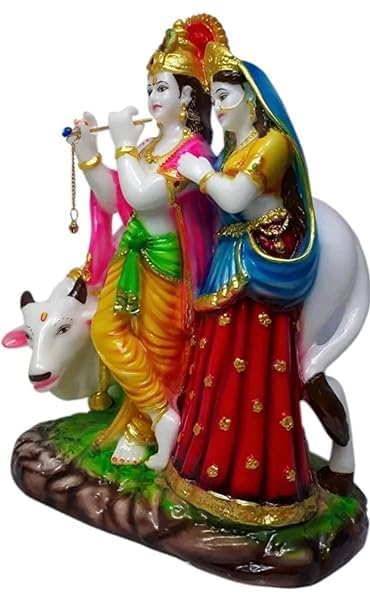 Patitpavan Radha Krishna Kamdhenu Cow Murti - 12 Inch Cultured Marble Statue for Home Temple Office Decor Idol Figurine - bac