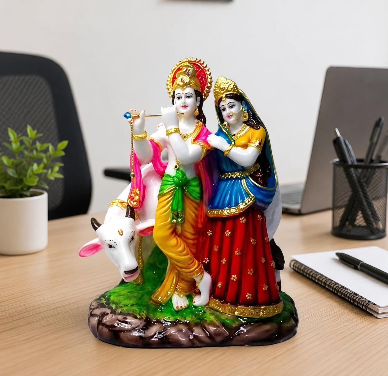 Patitpavan Radha Krishna Kamdhenu Cow Murti - 12 Inch Cultured Marble Statue for Home Temple Office Decor Idol Figurine - lab