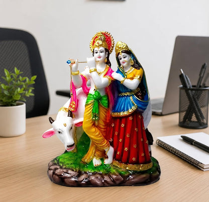 Patitpavan Radha Krishna Kamdhenu Cow Murti - 12 Inch Cultured Marble Statue for Home Temple Office Decor Idol Figurine - lab