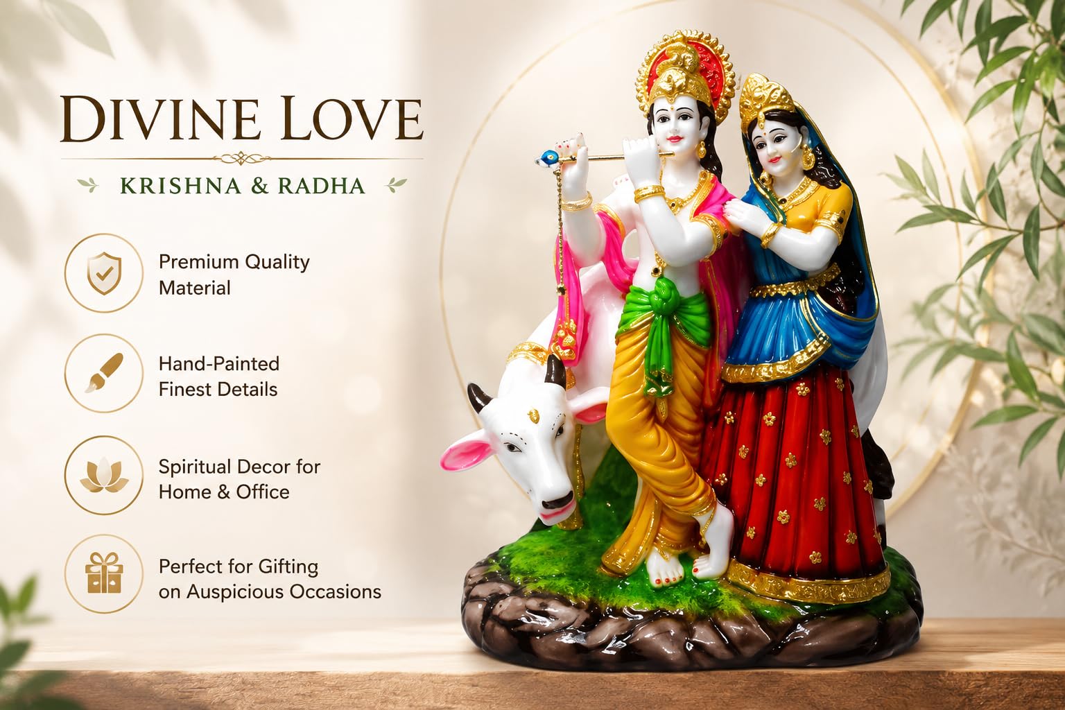 Patitpavan Radha Krishna Kamdhenu Cow Murti - 12 Inch Cultured Marble Statue for Home Temple Office Decor Idol Figurine - ing