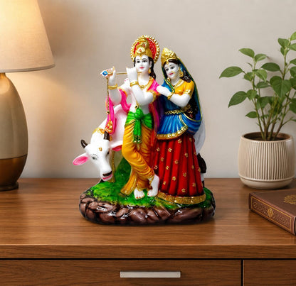 Patitpavan Radha Krishna Kamdhenu Cow Murti - 12 Inch Cultured Marble Statue for Home Temple Office Decor Idol Figurine - clo