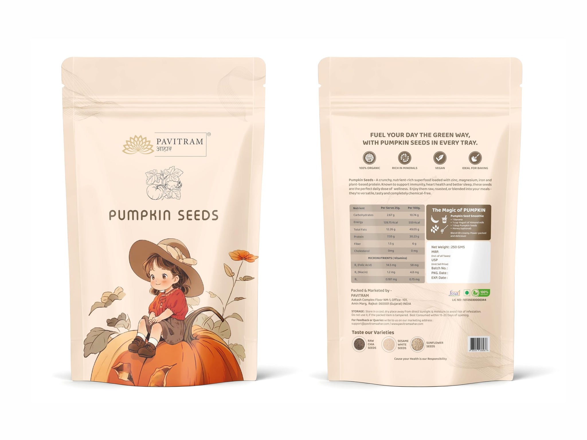 Pavitram Organic Pumpkin Seeds, 250g, Raw Unsalted Seeds - back view