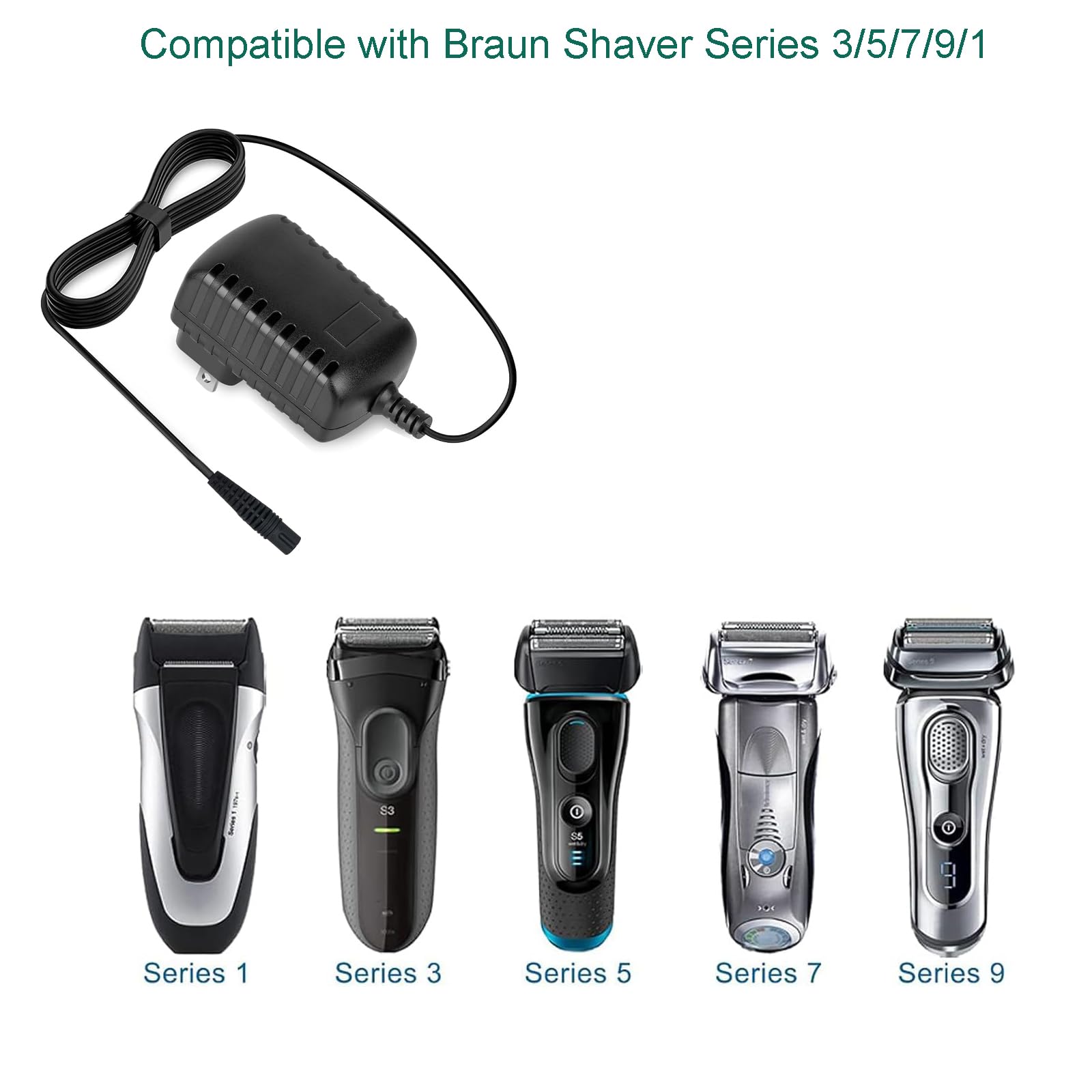 PDEEY Charger Replacement for Braun Series 9 7 5 3 1 Shaver, 4ft Power Cord, 12V 400mA AC Adapter - front view