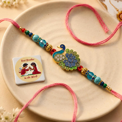 Peacock Designer Rakhis, Bro Ever Fridge Magnet with Roli Chawal Pack - Rakhis for Brother, Bhabhi, Kids