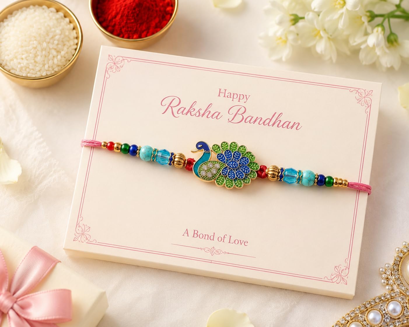 Peacock Designer Rakhis, Bro Ever Fridge Magnet with Roli Chawal Pack - Rakhis for Brother, Bhabhi, Kids - front view