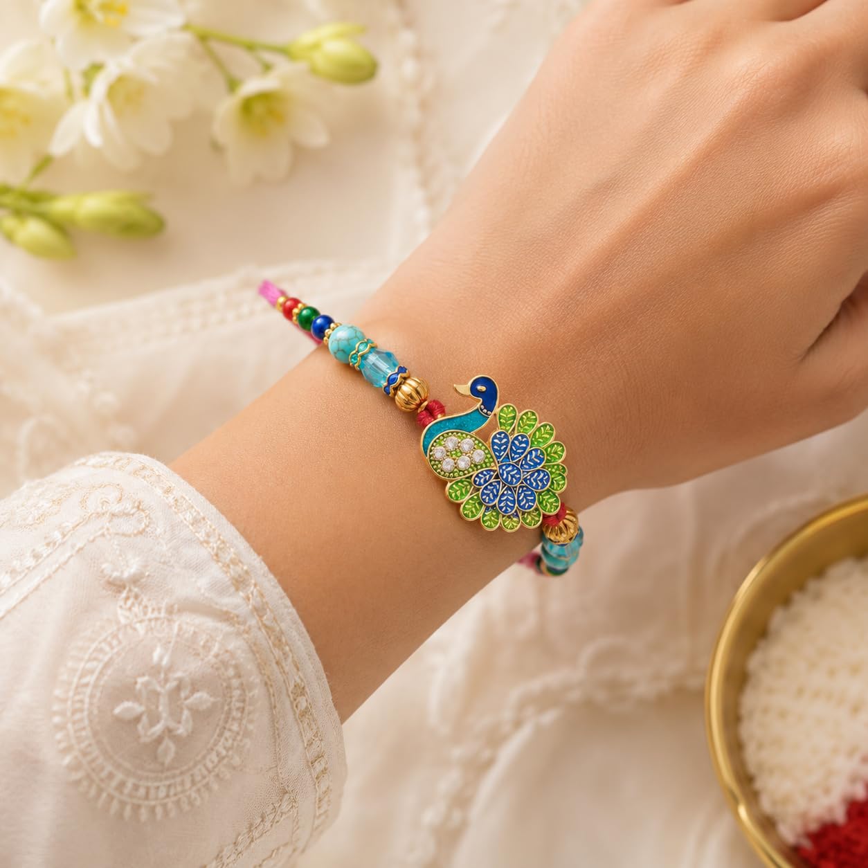 Peacock Designer Rakhis, Bro Ever Fridge Magnet with Roli Chawal Pack - Rakhis for Brother, Bhabhi, Kids - back view