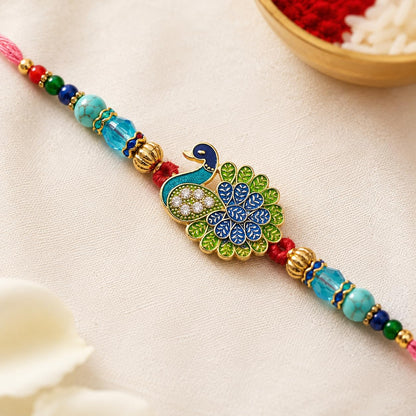 Peacock Designer Rakhis, Bro Ever Fridge Magnet with Roli Chawal Pack - Rakhis for Brother, Bhabhi, Kids - packaging