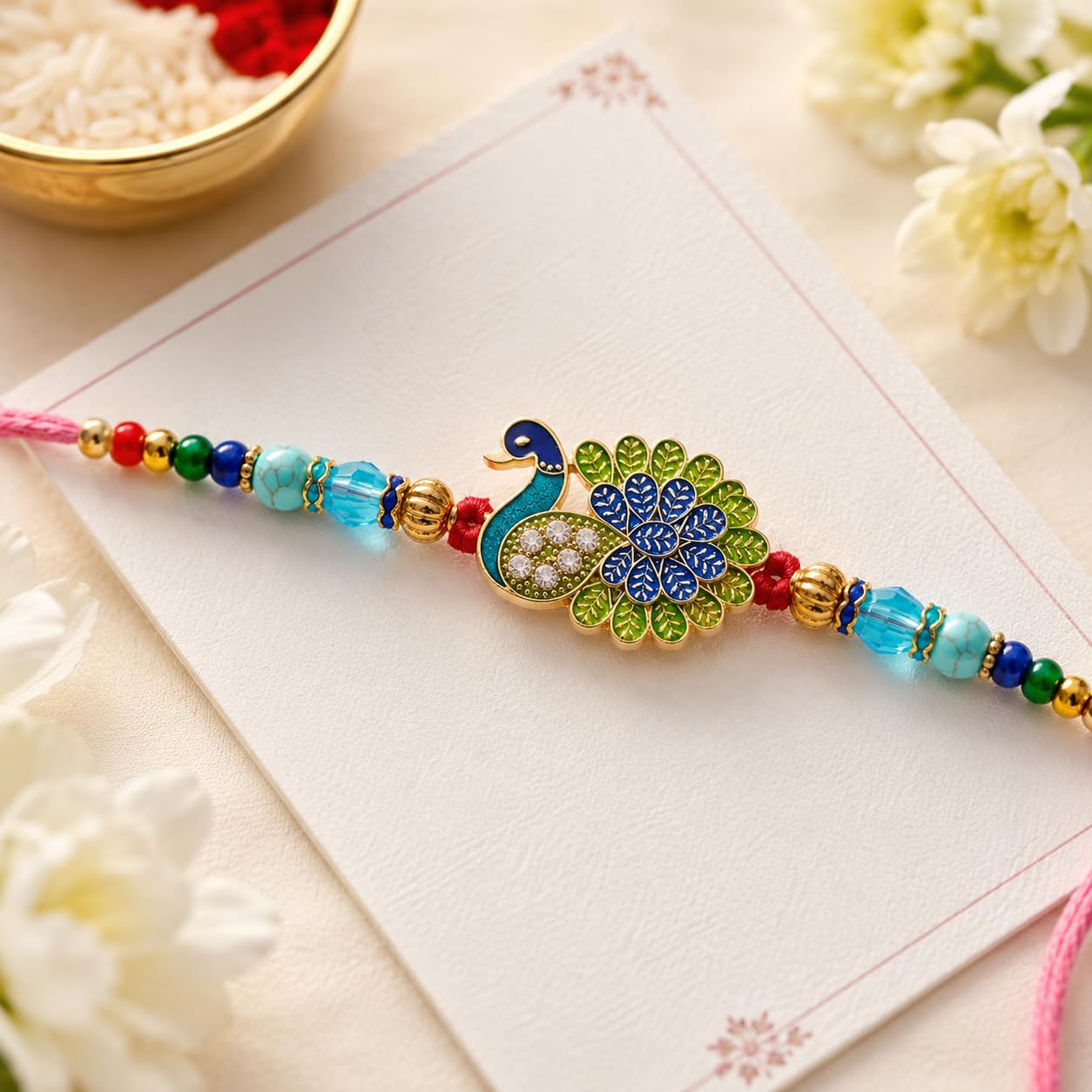 Peacock Designer Rakhis, Bro Ever Fridge Magnet with Roli Chawal Pack - Rakhis for Brother, Bhabhi, Kids - close-up detail