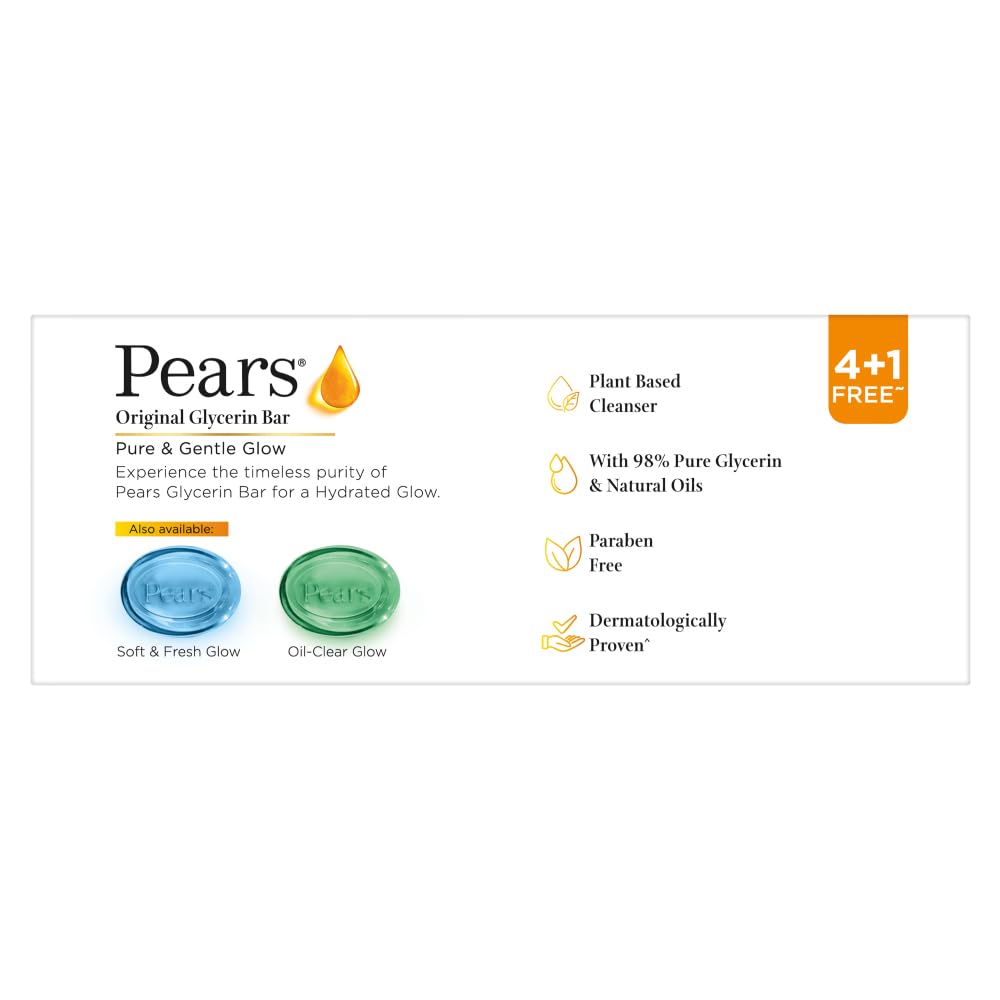 Pears Original Glycerin Soap Bar, 5 Bars (125g Each), Solid Soap, Paraben-Free - size and scale